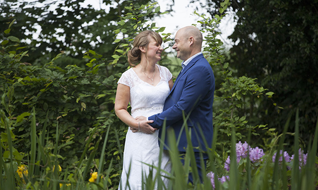 Bride and groom in the grounds at Pontlands Park