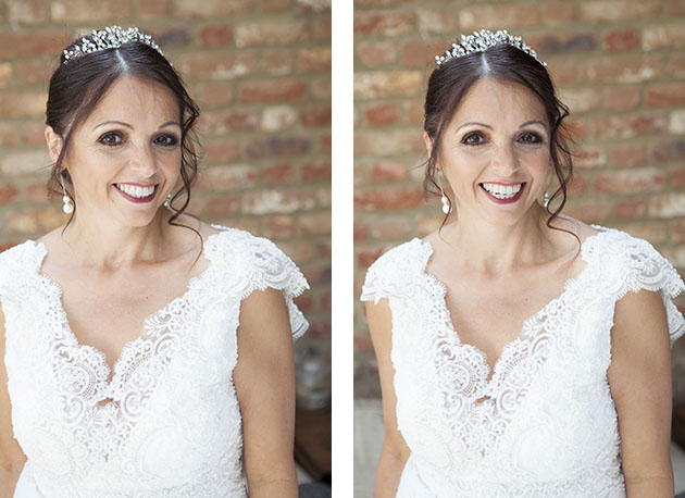 Relaxed portraits of bride with a brick wall in background