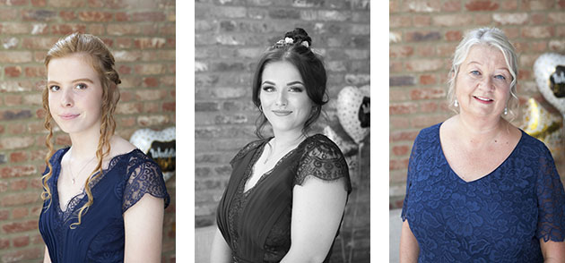 Three portraits of bridesmaids