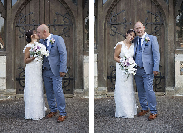 Full length portriats of newly weds outside closed church doorway